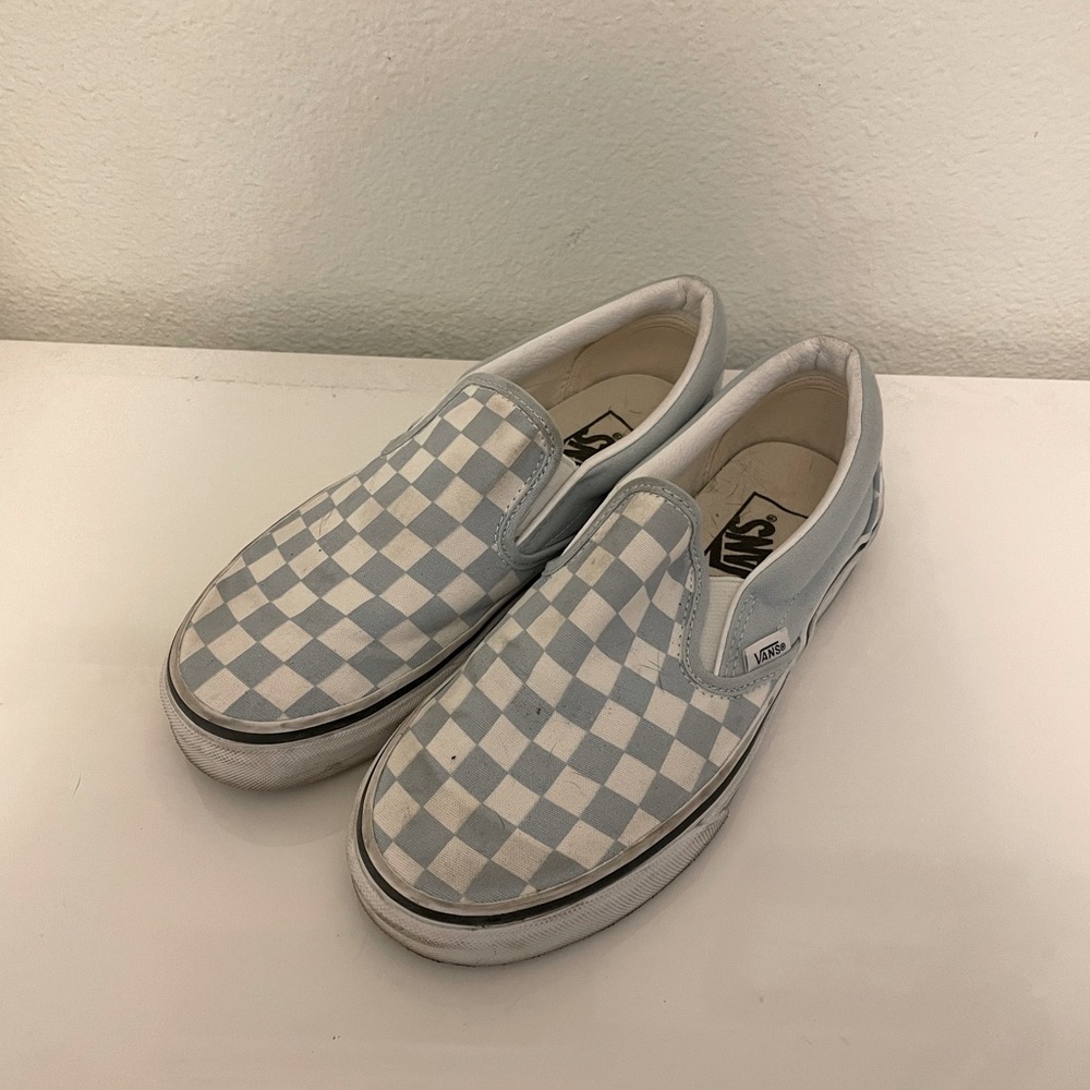 Baby blue checkered Vans slip on shoes
